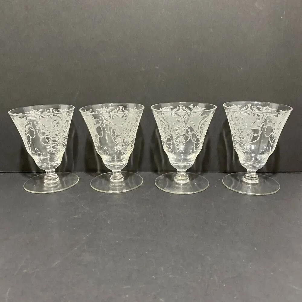 Morgantown etched crystal Milan pattern oyster cocktail glasses 1920's Art Deco